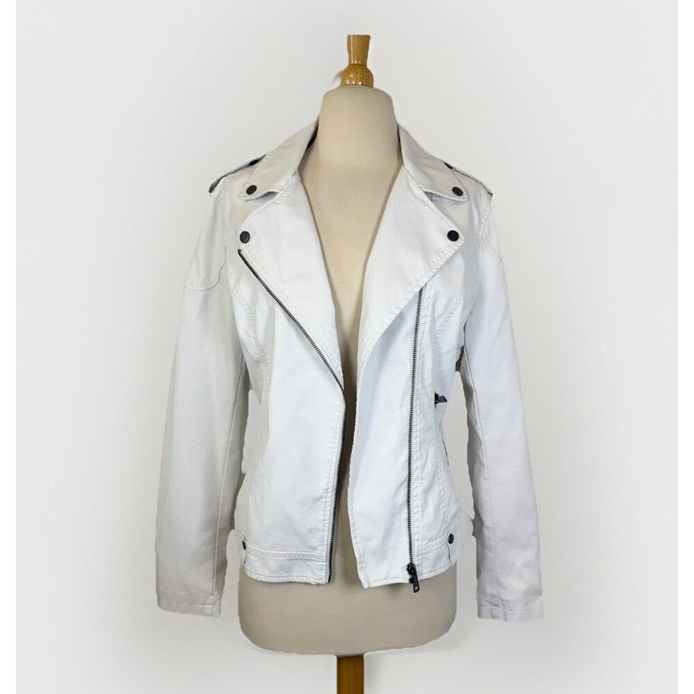 Coalition LA Crop Moto Jacket Women Sz Large White Zip Vegan Leather